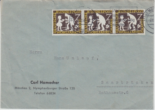BRD - 3x7 Pfg. Gebrüder Grimm Brief München - Saarbrücken 1959