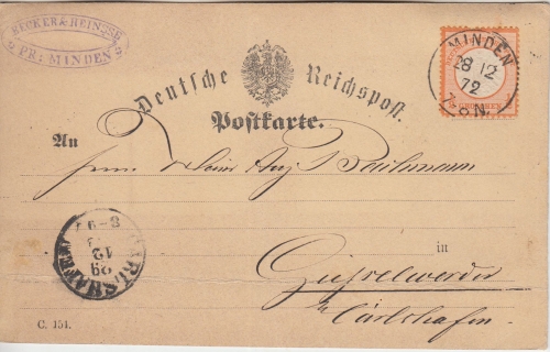 DR - 1/2 Gr. gr. Brustschild Postkarte K1 Minden - Carshafen 28.12.72