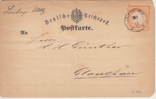 DR - 1/2 Gr. gr. Brustschild Postkarte sächs. Bahnpost-K2 Leipzig Hof Z. V 1874