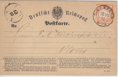 DR - 1/2 Gr. gr. Brustschild Postkarte K1 Bielefeld - Vlotho 1872