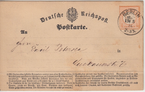 DR - 1/2 Gr. gr. Brustschild Ortspostkarte K1 Berlin St.PE 1874