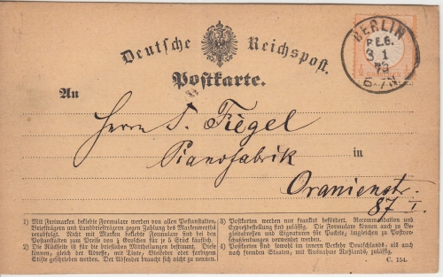 DR - 1/2 Gr. gr. Brustschild Ortspostkarte K1 Berlin PE 6 (KBHW 287b !) 1873