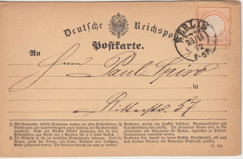 DR - 1/2 Gr. gr. Brustschild Ortspostkarte K1 Berlin 1872