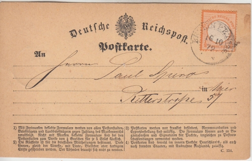 DR - 1/2 Gr. gr. Brustschild Ortspostkarte K2 Berlin PE No.25 1872