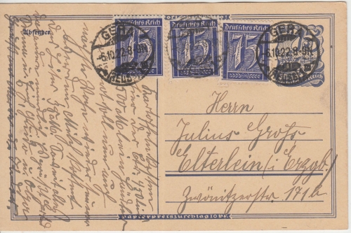 DR-Infla - 75 Pfg. Postreiter Ganzsache + Zusatz Gera - Elterlein 1922
