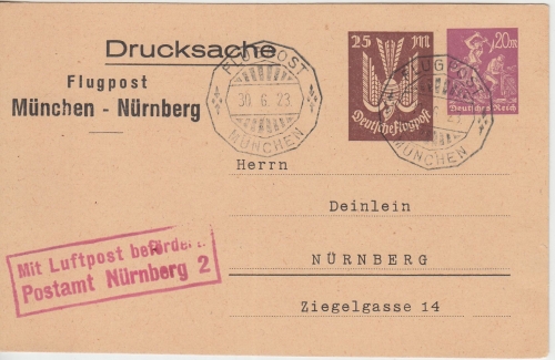 DR-Infla - 25+20 M. Privatganzsache Luftpost-Drucksache München - Nürnberg 1923
