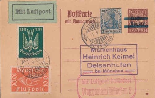 DR-Infla - 30 n. 15 Pfg. Germania Doppelkarte+Zusatz Luftpostkarte Nürnberg 1922