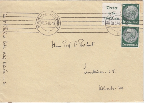 DR - 6 Pfg. Hindenburg Zusammendruck Brief Berlin - Leverkusen 1940