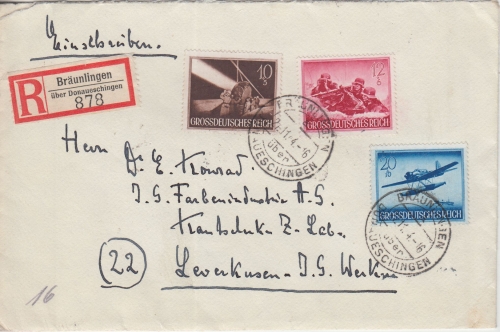 DR - 20+10+12 Pfg. Wehrmacht Einschreibebrief Bräunlingen ü. Donaueschingen 1944