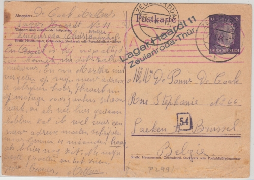 DR - Lager Haardt 11 Zeulenroda Thür. L2 Fremdarbeiter Karte n. BELGIEN 1944