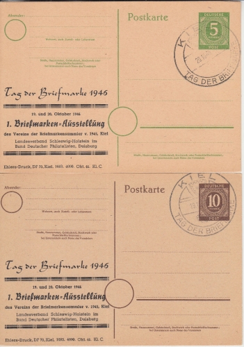 All.Bes./Kontrollrat 5+10 Pfg. Ganzsache Zudruck Tag d. briefmarke SST Kiel 1946
