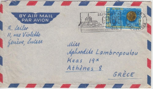 Schweiz - 40 Rp. Fussball-WM Luftpostbrief n. GRIECHENLAND Genf - Athen 1954