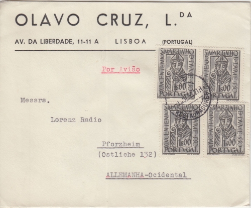 Portugal - 4x1 E. Martin v. Braga Luftpostbrief Lissabon - Pforzheim 1953