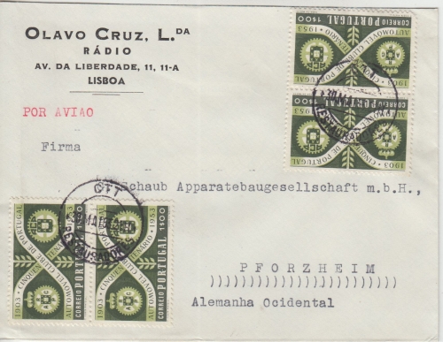 Portugal - 4x1 E. 50 J. Automobilclub Luftpostbrief Lissabon - Pforzheim 1953