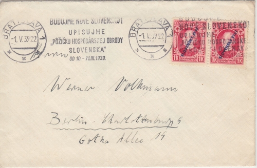 Slowakei - 2x1 K. Hlinka/Überdruck Brief Bratislava - Berlin 1939
