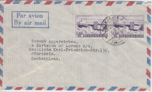 Island - 2x1,50 Kr. Kraftwerk Sogs Luftpostbrief Reykiavik - Pforzheim 1958
