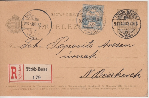 Ungarn/Serbien - 4 F. Ganzsache + Zusatz Einschreibekarte Török-Becse 1901