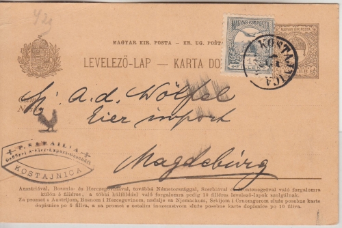 Ungarn/Kroatien - 4 F. Ganzsache + Zusatz K1 Kostajnica - Magdbeurg 1900