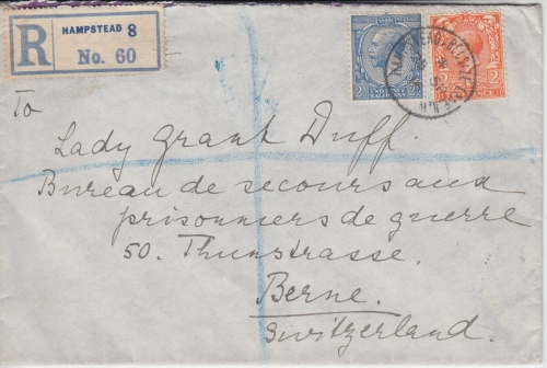 England - 2 1/2+2 P. George V. Einschreibebrief i.d. SCHWEIZ Hampstead Bern 1916