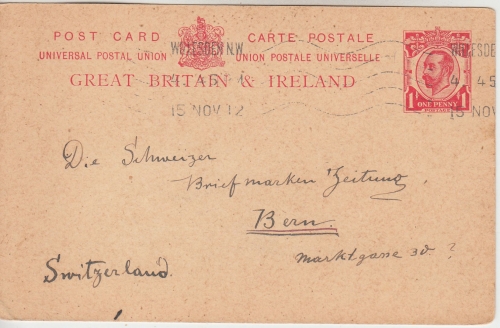 England - Willesden 15 NOV 12 Masch.stpl. 1 P. Ganzsache i.d. SCHWEIZ