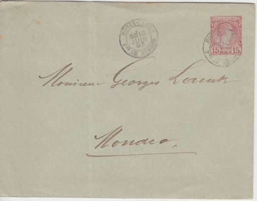 Monaco - 15 C. Fürst Charles III. ganzsache Ortsbrief Monte Carlo 1893