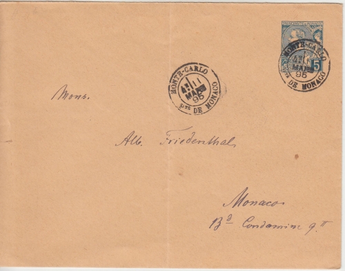 Monaco - 15 C. Fürst Albert I. Ganzsache Ortsbrief Monte Carlo 1895