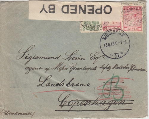 Griechenland - 2x10 L. Hermes u.a. Zensurbrief n. DÄNEMARK + SCHWEDEN Korfu 1916