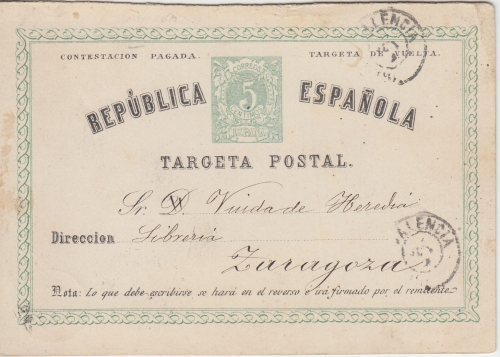 Spanien - 5 Cs. Ganzsache Frageteil Valencia - Zaragosa 1875