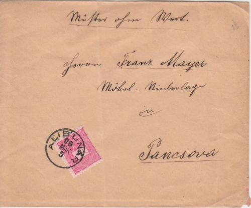 Ungarn/Serbien - Alibunar 1896 5 Kr, Brief (Muster ohne Wert) n. Pancsova