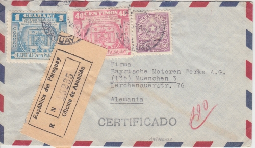 Paraguay - 1 G. 500. Geb. Columbus u.a. Luftpost Einschreibebrief Asuncion 1952