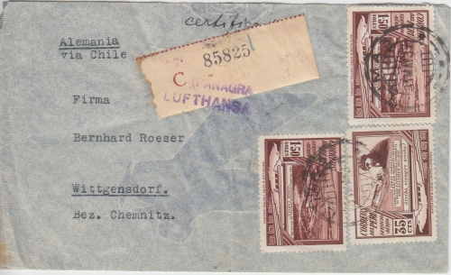 Peru - 2x1,50 $ Flugpost u.a. Luftpost Einschreibebrief Lima - Wittgensdorf 1937