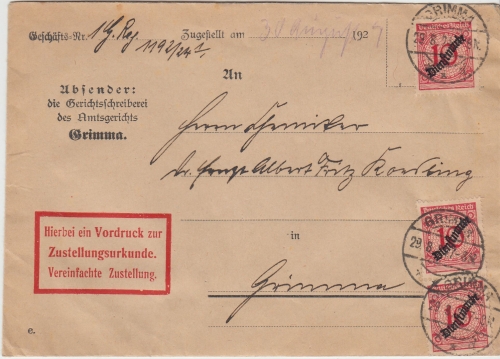 DR - 3x10 Pfg. Korbdeckel/Dienst Zustellurkunde Ortsbrief Grimma 1924