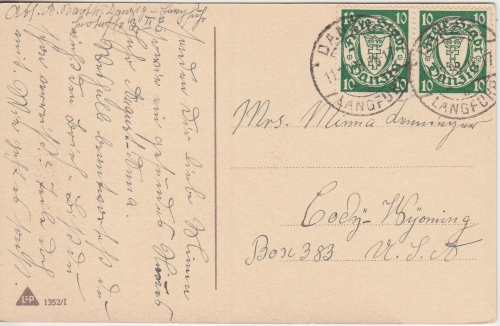 Danzig - 2x10 Pfg. Wappen Weihnachtskarte n. USA Langfuhr - Cody 1928