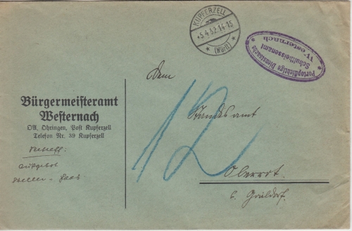 DR - Westernach 1932 portopfl. Dienstbrief Kupferzell - Oberroth Nachporto