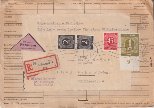 All.Bes./Kontrollrat - 1 M. Ziffer u.a. Nachnahme Einschreibebrief Göttigen 1947
