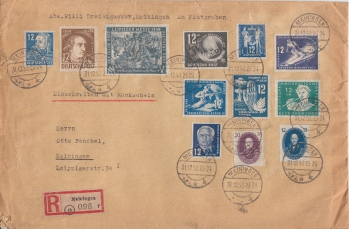 SBZ/DDR - 20 Pfg. Akademie u. 11x12 Pfg. Einschreiben/RSCH Ortsbrief Meiningen