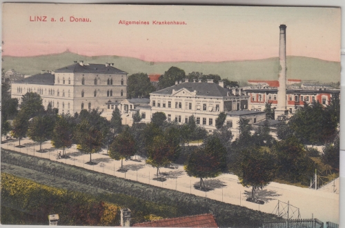 Österreich/OÖ - Linz a.d.D. Allgem. Krankenhaus farb. AK gelaufen 1914