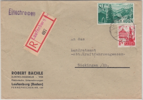 FZ/Baden - 84+24 Pfg. Freimarken Einschreibebrief Laufenburg - Säckingen 1948