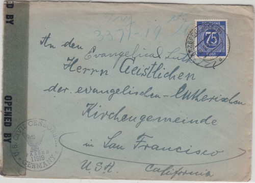 All.Bes./Kontrollrat - 75 Pfg. Ziffer Zensurbrief i.d. USA Arzberg 1947