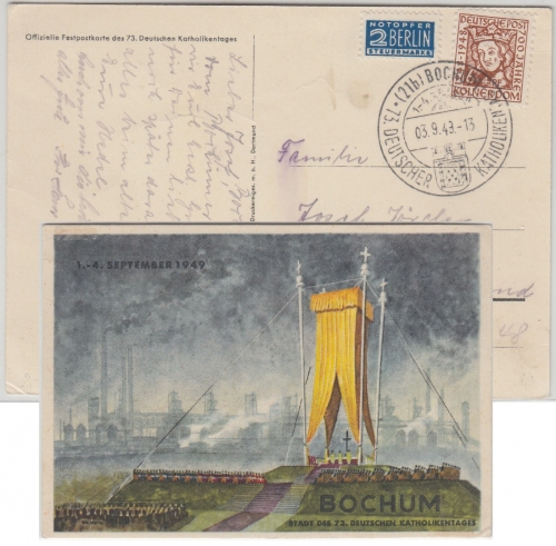 Bizone - Bochum 1949 73. Dt. Katholikentag Sonderkarte + SST n. Leer