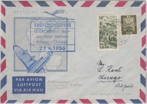 Saarland- LH-Erstflug Hamburg Chicago Zuleitungspost Merchweiler 1956