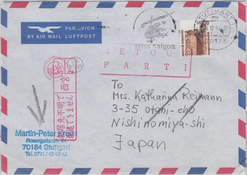 BRD - 300 Pfg. SWK Luftpostbrief n. JAPAN Stuttgart - Nishinomiya 1994 Retour