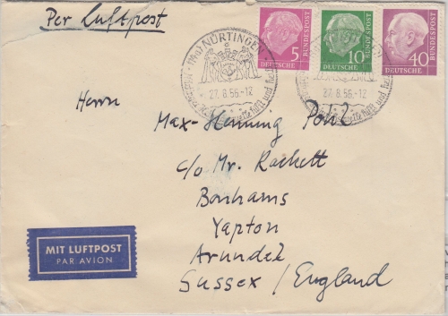 BRD - 40+10+5 Pfg. Heuss Luftpostbrief n. ENGLAND Nürtingen - Yapton 1956
