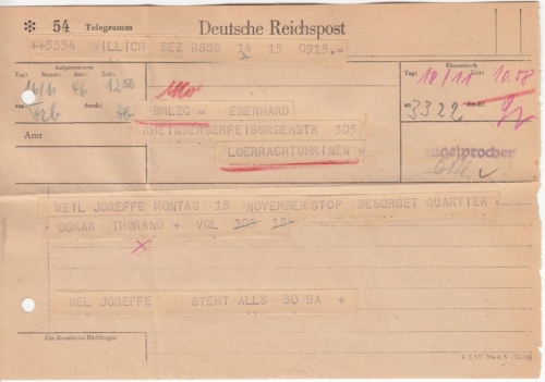 All.Bes. - Telegramm Willich - Lörrach 1946, li. Aktenlochung