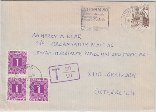 BRD - 60 Pfg. B&S Brief n. ÖSTERREICH Stuttgart - Gratkorn 1980 3x1 S. Nachporto