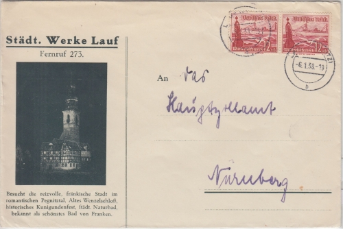 DR - 2x12 Pfg. WHW/Schiffe illustr. Brief Lauf - Nürnberg 1938