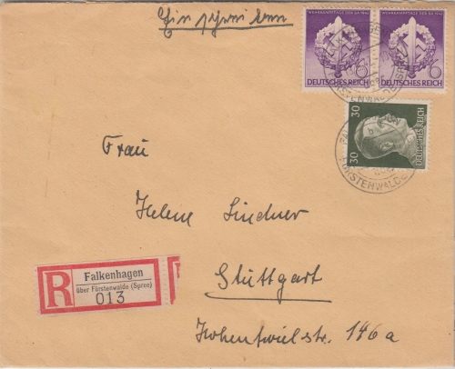 DR - Falkenhagen ü. Fürstenwalde Pst I Einschreibebrief n. Stuttgart 1942