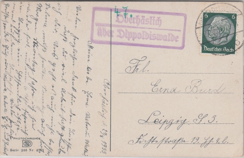 DR - Oberhäslich ü. Dippoldiswalde Landpost-Ra2 Karte n. Leipzig 1933
