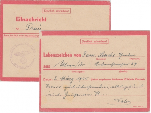 DR - Eilnachrichtenkarte Ulm 3. März 1945 Parteibeglaubigung n. Kirchheim/Teck