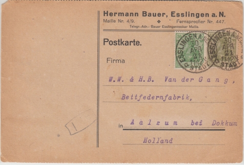 DR - 20+60 Pfg. Germania Firmenkarte n. HOLLAND Esslingen - Aalzum 1921